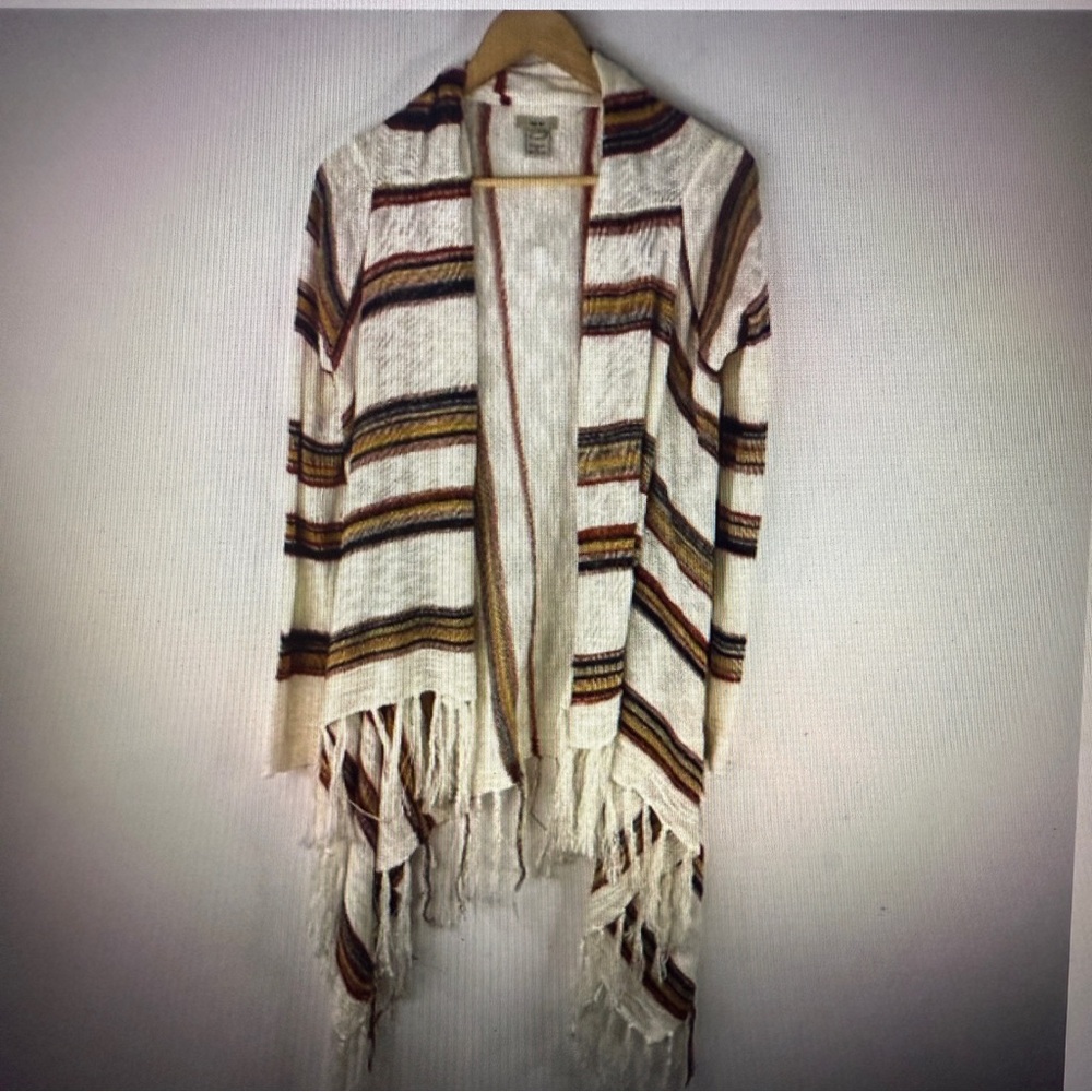 ESCIO Women Open Drape Front Fringe Hem Striped Cardigan Size M